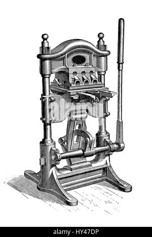 Machine de dorure pour appuyer sur la production, la fixation mécanique une fine couche d'or sur les surfaces, XIX siècle illustration Banque D'Images