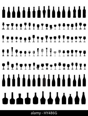 Silhouettes noires de bols, bouteilles et verres, vector Banque D'Images