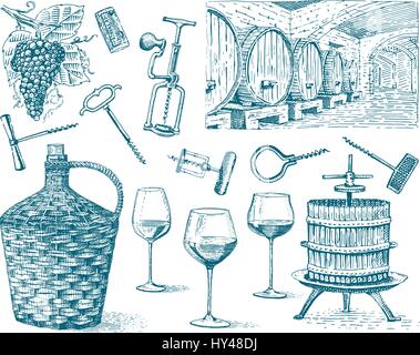 Les produits de la récolte de vin, presse, raisin, vigne tire-bouchons bouteilles verres de style vintage, gravé main croquis Illustration de Vecteur