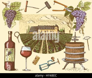 Les produits de la récolte de vin, presse, raisin, vigne tire-bouchons bouteilles verres de style vintage, gravé à la main Illustration de Vecteur