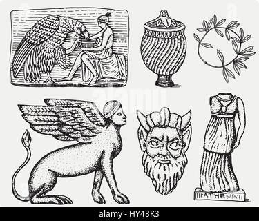 La Grèce antique, les symboles antiques Ganymède et l'aigle anphora, vase, statue d'Athena et masque de satyre vintage, gravée au croquis dessinés à la main, ou en bois de style ancien, coupe à la retro, isolé . Illustration de Vecteur