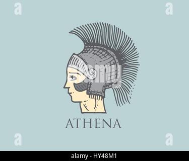 Godness logo Athena Grèce antique, symbole antique vintage, gravé à la main au croquis ou de bois coupé, de style ancien retro. Illustration de Vecteur