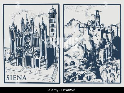 Deux cartes postales anciennes avec des paysages de Tuskany, Italie. La Cathédrale de Sienne et Castle dans le hill vintage lookiing gravé, illustration dessiné à la main, ol Illustration de Vecteur