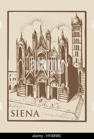 Gotical Tuskany église à Sienne, Italie, ancien vintage illustration gravée à la main avec des capacités et symbole de ville cathédrale du Duomo di Siena Illustration de Vecteur