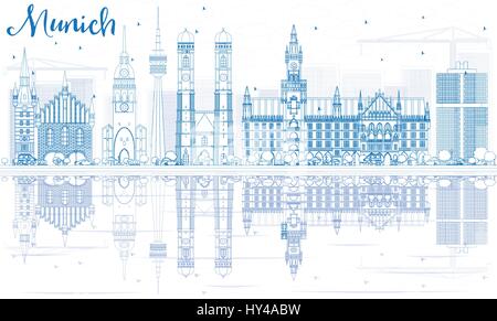 Contours munich skyline avec bâtiments bleu et réflexions. vector illustration. Les voyages d'affaires et tourisme concept avec l'architecture historique. Illustration de Vecteur