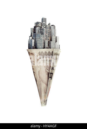 Cône d'argent yen / 3D illustration de city ice cream cone avec dix mille yens remarque Banque D'Images