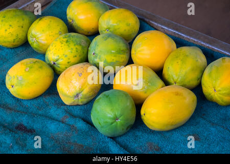 Marché de producteurs sur la côte nord d'Oahu, Hawaï avec vert, jaune, et blanc papayes pour la vente. Banque D'Images