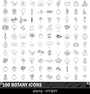 100 botanique icons set style du contour, Illustration de Vecteur