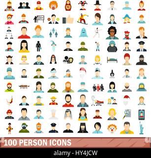 100 personne icons set, style plat Illustration de Vecteur