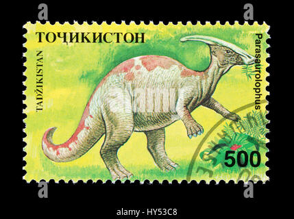 Le Tadjikistan de timbre-poste représentant un dinosaure parasaurolophus Banque D'Images