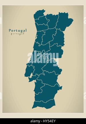 Carte moderne - Portugal PT avec les districts Illustration de Vecteur