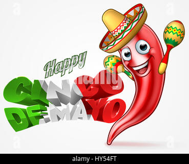 Une bonne conception du Mexique Cinco de Mayo avec red chili pepper personnage à chapeau de paille sombrero holding maracas shakers Banque D'Images