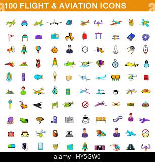 100 de l'aviation et de vol, cartoon style icons set Illustration de Vecteur