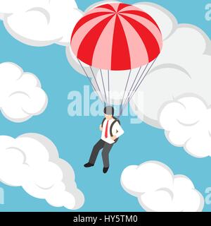 Télévision 3D isométrique businessman flying avec parachute, concept de sécurité d'entreprise Illustration de Vecteur