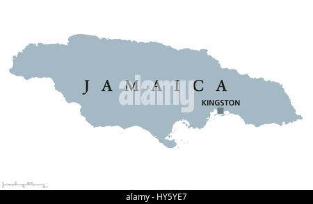 Carte politique de la Jamaïque à Kingston avec. Pays dans la mer des Caraïbes et la troisième plus grande île des Grandes Antilles. Gris illustration. Banque D'Images