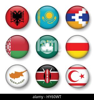 Ensemble de drapeaux du monde badges ronds ( Albanie . Le Kazakhstan . Le Haut-Karabakh . Le Bélarus . Macao . L'Ossétie du Sud . Chypre . Le Kenya . Chypre du Nord ) Illustration de Vecteur