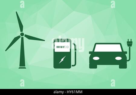 La station de charge, l'éolienne, voiture électrique. Concept de voiture électrique (énergie verte) sur les bas fond poly. Eolic, l'énergie éolienne, l'énergie propre Illustration de Vecteur