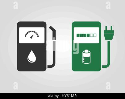 La station de gaz et de la pompe de la station de charge électrique. L'énergie fossile vs l'énergie propre. Concept d'énergie de remplacement. Station de gaz d'icônes (pétrole et électricité). Illustration de Vecteur