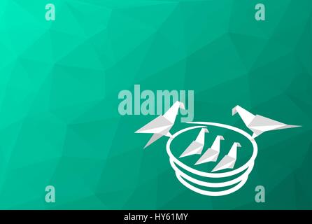 Les oiseaux d'origami avec nid. Deux oiseaux adultes veillent sur leur progéniture. Green low poly fond avec place pour le texte. La famille, l'éducation, prendre soin de Illustration de Vecteur