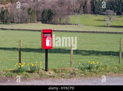 A Royal Mail EiiR rouge moderne post box en Cumbria rural, St John's, dans la vallée, Cumbria, England, UK Banque D'Images