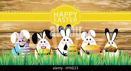 Pâques. Lapin-oeufs avec funny cute visages dans l'herbe. Sur une clôture en bois. Le petit-déjeuner avec brioches et soude dans la nature pour votre conception Illustration de Vecteur
