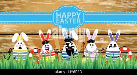 Pâques. Lapin-oeufs avec funny cute visages dans l'herbe. Sur une clôture en bois. Cinq marins pièces avec un capitaine à la tête et une inscriptio Illustration de Vecteur