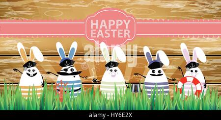 Pâques. Lapin-oeufs avec funny cute visages dans l'herbe. Sur une clôture en bois. Cinq éléments marins. Illustration pour votre conception Illustration de Vecteur