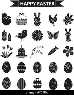 Joyeuses Pâques icon set, silhouette noire, style contour. Vector illustration. Illustration de Vecteur