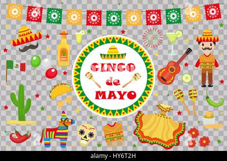 Célébration de Cinco de Mayo au Mexique, icônes, élément de design, style plat.Les objets de collection pour le Cinco de Mayo parade avec pinata, nourriture, sambrero, tequila, cactus. Clipart vecteur illustration, Illustration de Vecteur