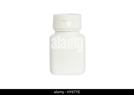 Médecine plastique conteneur pour comprimés isolé sur fond blanc Banque D'Images
