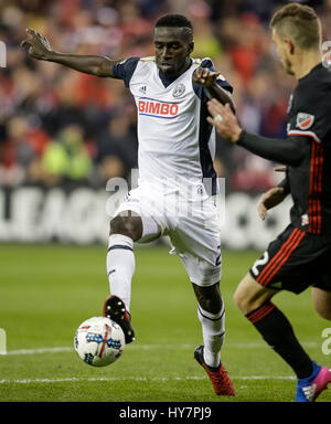 Washington DC, USA. 1er avril 2017. Le milieu de l'Union de Philadelphie # 21 Derrick Jones lors d'un match de soccer MLS entre le D.C. United et l'Union de Philadelphie au RFK Stadium de Washington DC. D.C. United bat l'Union de Philadelphie, 2-1. Justin Cooper/CSM/Alamy Live News Banque D'Images