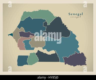 Carte moderne - Sénégal avec les régions SN couleur Illustration de Vecteur