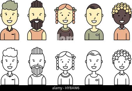 Homme et femme smiling faces des avatars. Télévision couleur et style contour vector icons set Illustration de Vecteur