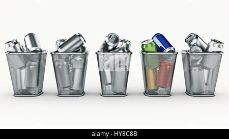 Concept : le recyclage des canettes de boisson dans la corbeille. Le rendu 3D Banque D'Images