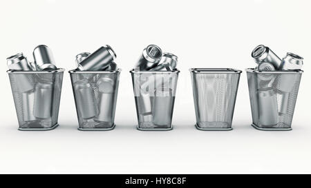 Concept : le recyclage des canettes de boisson dans la corbeille. Le rendu 3D Banque D'Images