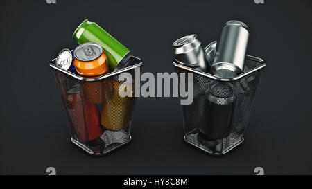 Concept : le recyclage des canettes de boisson dans la corbeille. Le rendu 3D Banque D'Images