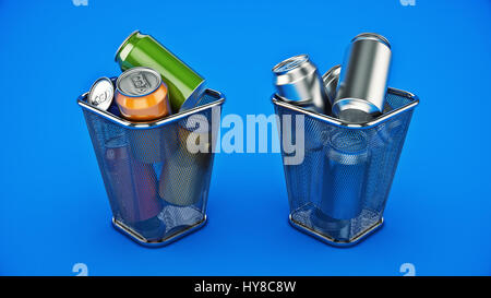 Concept : le recyclage des canettes de boisson dans la corbeille. Le rendu 3D Banque D'Images