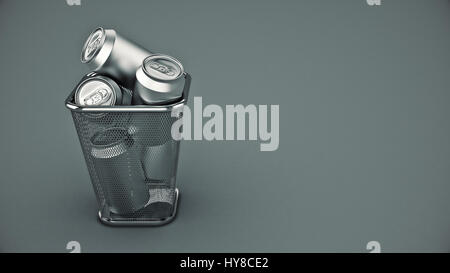 Concept : le recyclage des canettes de boisson dans la corbeille. Le rendu 3D Banque D'Images