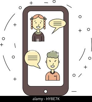 Chat parler concept illustration des jeunes à l'aide de mobile smartphone pour envoyer des messages les uns aux autres via internet. Conception du gars et une femme Illustration de Vecteur