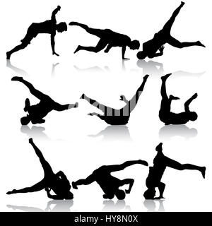 Breakdancer silhouettes sur un fond blanc. illustration Banque D'Images