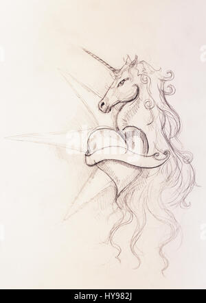 Dessin linéaire d'unicorn avec forme de coeur sur fond de papier blanc. Banque D'Images
