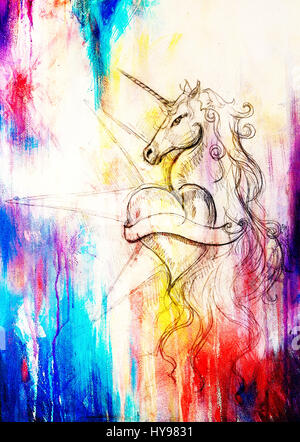 Dessin linéaire d'unicorn avec forme de coeur sur fond abstrait. Banque D'Images
