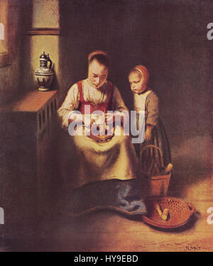 Nicolaes Maes est un peintre néerlandais du XVIIe siècle connu pour ses portraits et ses scènes de genre. Il était un élève de Rembrandt et est devenu célèbre pour sa capacité à capturer des moments intimes et des expressions réalistes. Cette œuvre illustre sa maîtrise du portrait et son adaptation de la lumière et de l’ombre. Banque D'Images