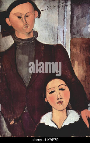 L'œuvre d'Amedeo Modigliani '040' illustre le style caractéristique de l'artiste en formes allongées et portraits. Connu pour son approche distinctive du portrait, le travail de Modigliani reflète l’influence de la Renaissance italienne et du modernisme. Banque D'Images