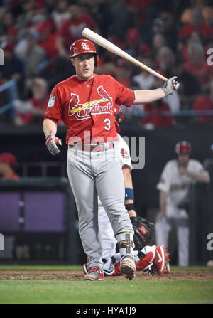 Memphis, TN, USA. 30Th Mar, 2017. Cardinals de Saint-Louis Jedd Gyorko frappeur désigné examine les stands après avoir frappé une fausse balle au cours de la troisième manche d'un match contre les Memphis Redbirds à AutoZone park à Memphis, TN. Saint Louis a gagné 9-3. McAfee Austin/CSM/Alamy Live News Banque D'Images