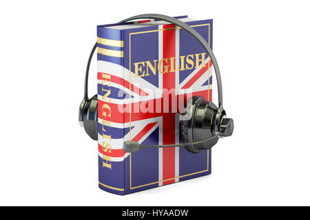 Manuel de langue anglaise avec casque, l'apprentissage et translate concept. Le rendu 3D Banque D'Images