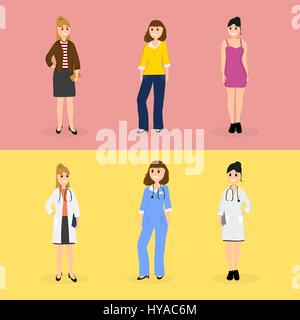 Les femmes sont de jeunes médecins et ces mêmes femmes dans la vie quotidienne Illustration de Vecteur