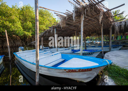 Bateaux sur les quais De la Réserve naturelle de Tovara à San Blas, au Mexique. Banque D'Images