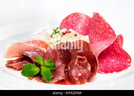 Plat de divers types de viande la coupe à blanc sur plaque. Banque D'Images