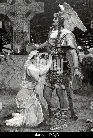 La légende arthurienne. Sir Galahad. Chevalier de la Table ronde du Roi Arthur et l'un des trois élèves du Saint Graal. Avant de graver une toile du peintre anglais Herbert Gustave Schmalz (1856-1935). 'La Ilustracion Iberica', 1886. Banque D'Images